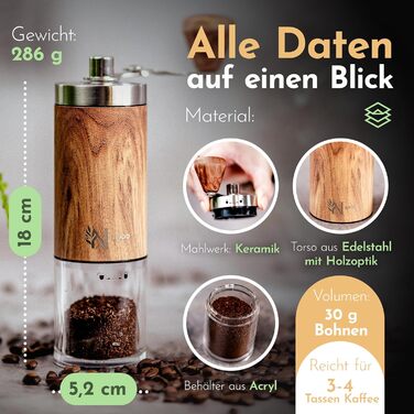 Ручна кавомолка Nuvioo з керамічним жорном, 8 ступенів помолу - для еспресо, кави, кемпінгу та відпочинку на природі