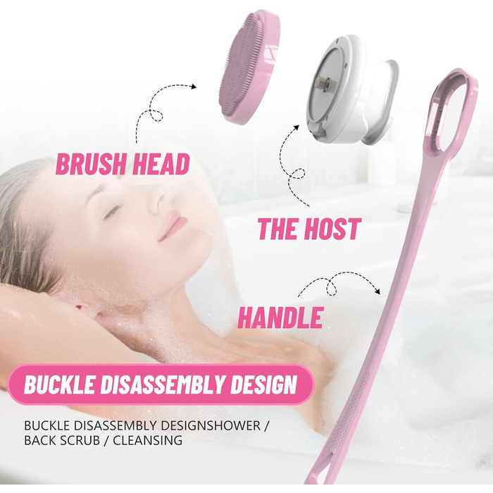 Electric Duschbürste (Shower Brush), Electric Back Brush with Long Handle, Back Brush Shower Massage Brush with 6 Cleaning Heads, Bath Brush for Spa Shower Peeling Massage Brush (Pink)