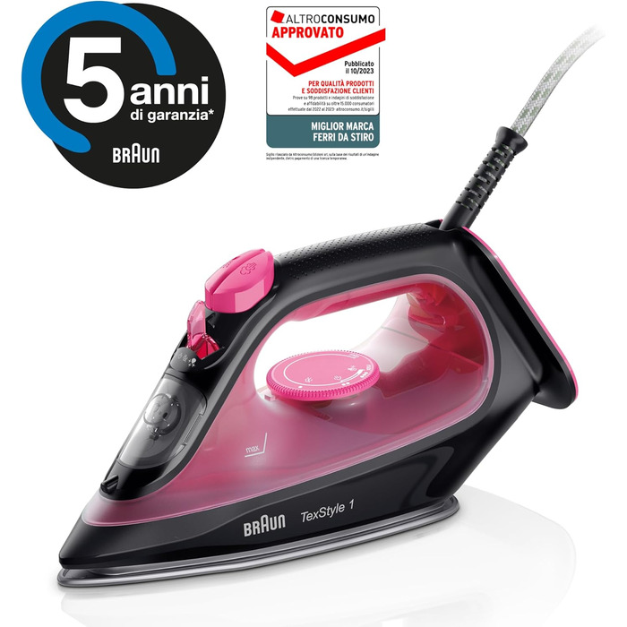 Праска з парою Braun TexStyle 1 SI1019RD - 1.900 Вт, 120 г/хв, для використання з водою з-під крана, антипригарна підошва, швидкий нагрів (35 сек.)