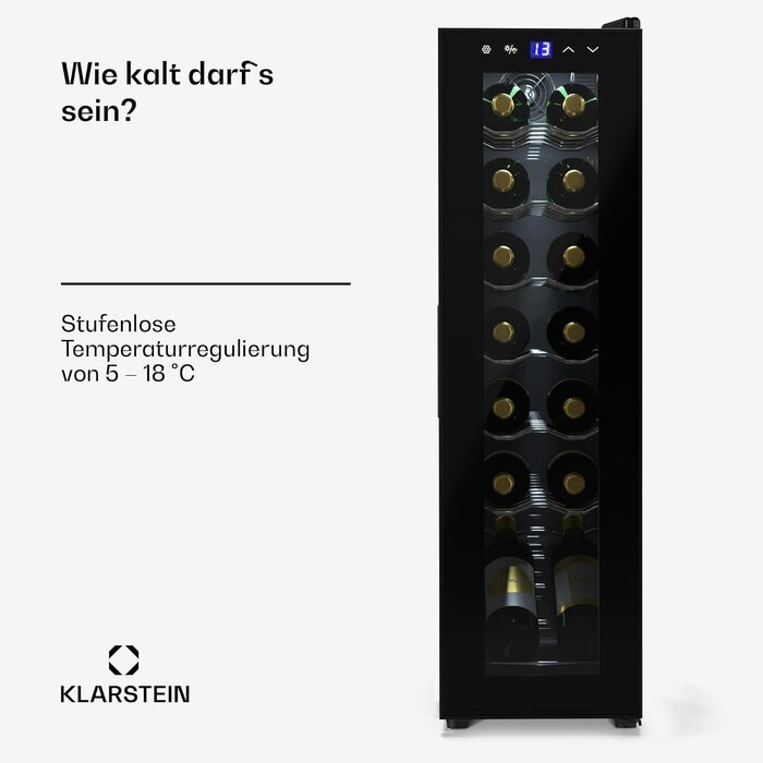 Klarstein Wine Refrigerator - 1 Zone Compact Wine Cooler, 42L Capacity, Glass Door, Indoor/Outdoor Use, 5-18°C, 16 Bottle Wine Fridge