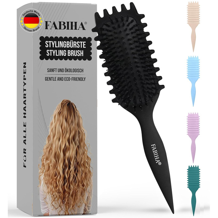 Щітка для волосся Lockenbürste Premium - для кучерявого волосся, біо-щітка з щетиною дикого кабана, оригінальна 3-в-1 для створення локонів (чорна)
