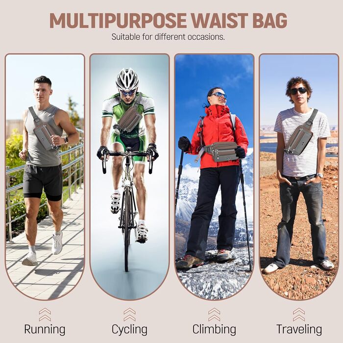 Поясна сумка на пояс для чоловіків та жінок з 7 кишенями на блискавці. Ідеальна для спорту, фітнесу, бігу, велоспорту, подорожей та кемпінгу. Колір: кавовий