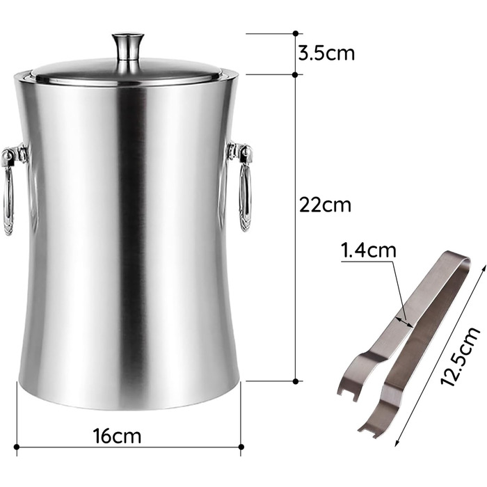 Преміум еісберг з кришкою та щипцями: еісберг з нержавіючої сталі, 3 л, для шампанського, коктейлів, вечірок та відпочинку на природі