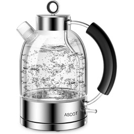 Електричний чайник зі скла ASCOT, 2200W, 1.5L, без BPA, тихий, з функцією автоматичного відключення та захистом від сухого кипіння, білий (сріблястий)