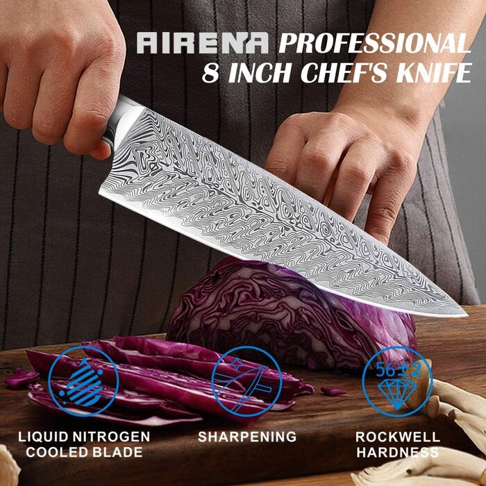 Ніж Santoku AIRENA 7 дюймів - Японський стиль, високоякісна сталь X50CrMov15, повний хвостовик, ергономічна ручка, преміум якість, подарункова коробка