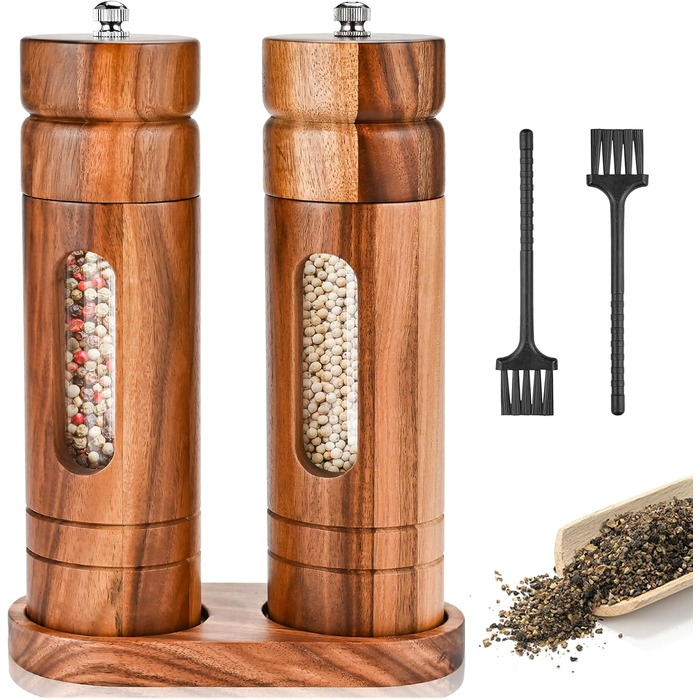 Herboom Salt and Pepper Grinder Wooden 2-Piece Set with Coasters, Cleaning Brush, Manual Ceramic Grinder Salt Mill Spice Grinder, for Pepper Salt Spices