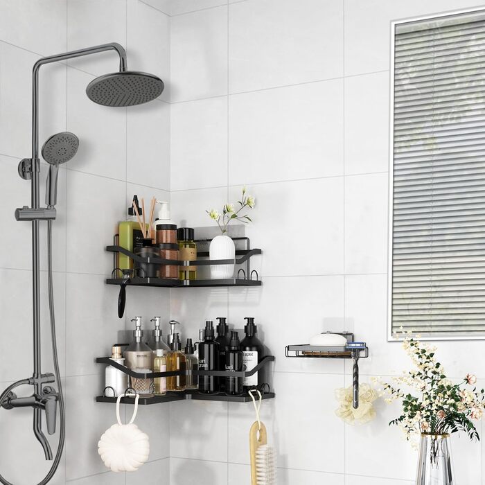 Набір кутових поличок для душу без свердління, 3 шт. з мильничкою, чорного кольору. Організатор для ванної кімнати з 12 гачками. Підходить для ванної та кухні.