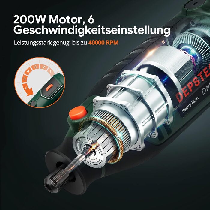 200W Multifunction Tool, Rotary Tool with 6 Variable Speed Settings 10000–40000 RPM, Multitool Set with 128 Accessory Set for Engraving, Drilling, Cutting, Grinding, Carving, Polishing, Sharpening