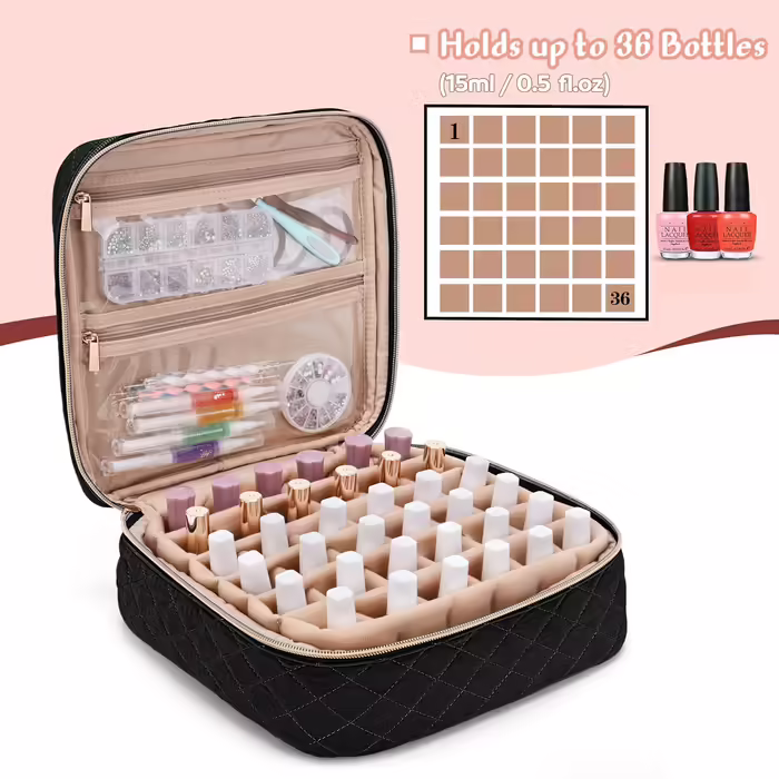 Yarwo Nail Polish Storage Bag for 36 Bottles (up to 15ml), Cosmetic Bag for Nail Polish Organizer, Nail Polish Bag for Transport and Storage, Black (PATENT PENDING)