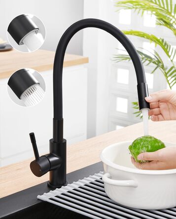 Змішувач для кухні гнучкий чорний, нержавіюча сталь, 2 режими струменя, 360° поворот, кухонний змішувач, преміум якість