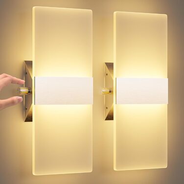 LED настінне освітлення ChangM 2 шт. 12W з вимикачем, диммер, акрил, тепле світло 2700K для дому, вітальні, спальні, сходи, коридору