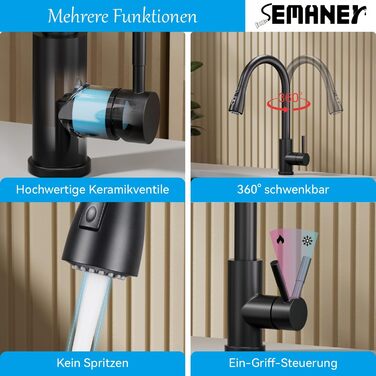 Кухонний змішувач SEMANEY з витяжною насадкою, чорний матовий, з 3 функціями, 360° обертання, з нержавіючої сталі