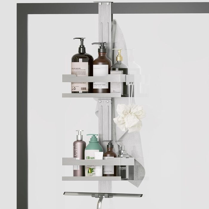 Hosanwell Shower Shelf for Hanging, No-Drill Shower Shelf Double-Layer Stainless Steel SUS304 Shampoo Holder for Shower with Glass Door, No-Drill with 4 Hooks, Silver