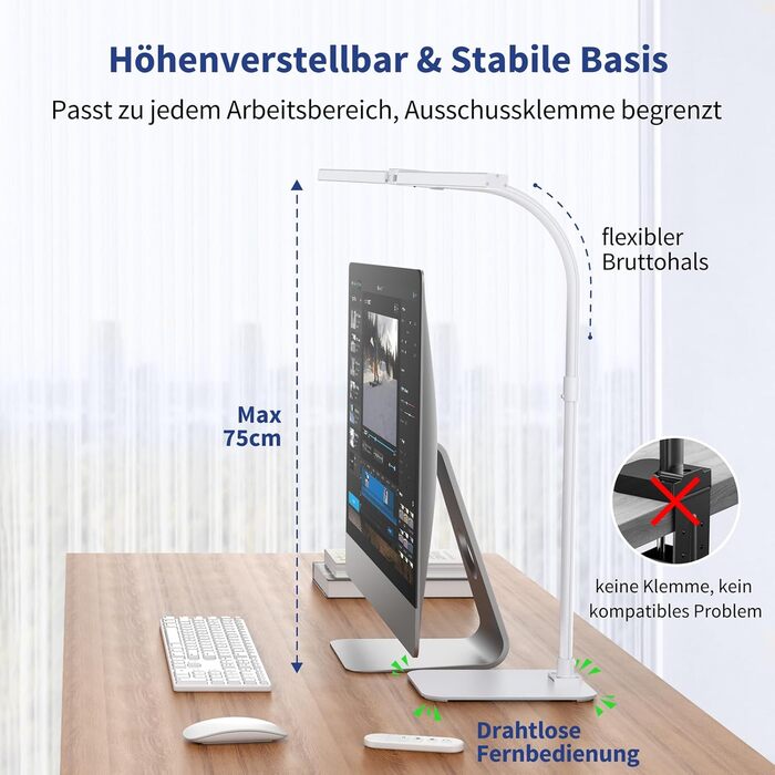 LED лампа для столу Doppelkopf з регулюванням яскравості, 24W, 80 см, денне світло, захист очей, 5 температур кольору, 5 рівнів яскравості, для роботи, дому, офісу, навчання, читання