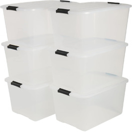 Iris Ohyama Storage Box with Lid, 45L, Set of 6, Transparent, Snap-Lock Closures with Handles, Stackable, Strong & Durable, For Clothing, Garage, Home, Office, Plastic Box, Storage TB-45