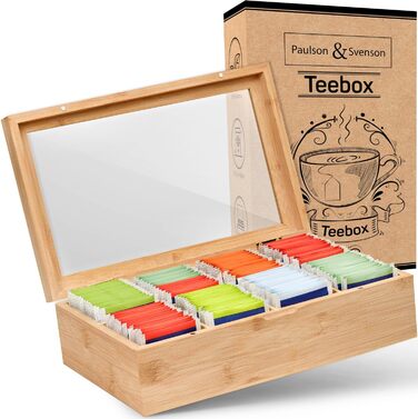 Paulson & Svenson® Sustainable Tea Box with 8 Compartments - Tea Bag Storage Made of Certified Bamboo Wood with Airtight Magnetic Closure and Viewing Window