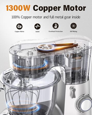 Кухонна машина Facelle 6.5L з нержавіючої сталі, 10 швидкостей + імпульсний режим, міксер для тіста з набором для випічки