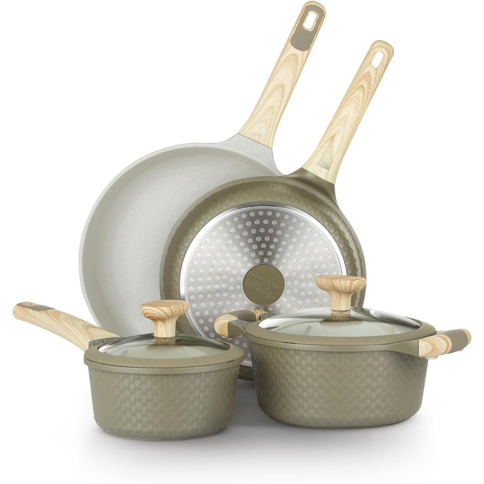 Набір посуду KASANOVA Bambù з антипригарним покриттям, 6 предметів (зелений/кремовий), для індукційних плит, з кришками зі скла