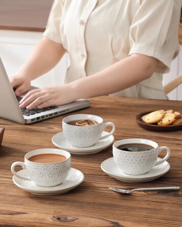 Набір кавових чашок MALACASA з блюдцем, 8 шт. (4 персони), кавовий сервіз з порцеляни, об'єм 180 мл, для кави, чаю, десертів, бежевий