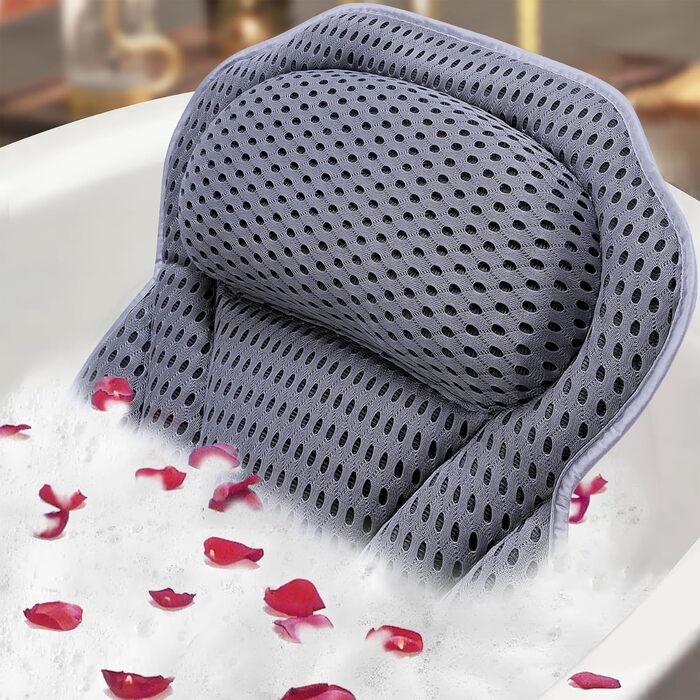 ADOV Bathtub Pillow – Ergonomic Luxury Neck Pillow with 6 Suction Cups, Soft Bath Pillow with 3D Air Mesh for Head, Back and Shoulders, Washable Pillow for Bathtub, Ideal for Bathtub, Spa (Gray)