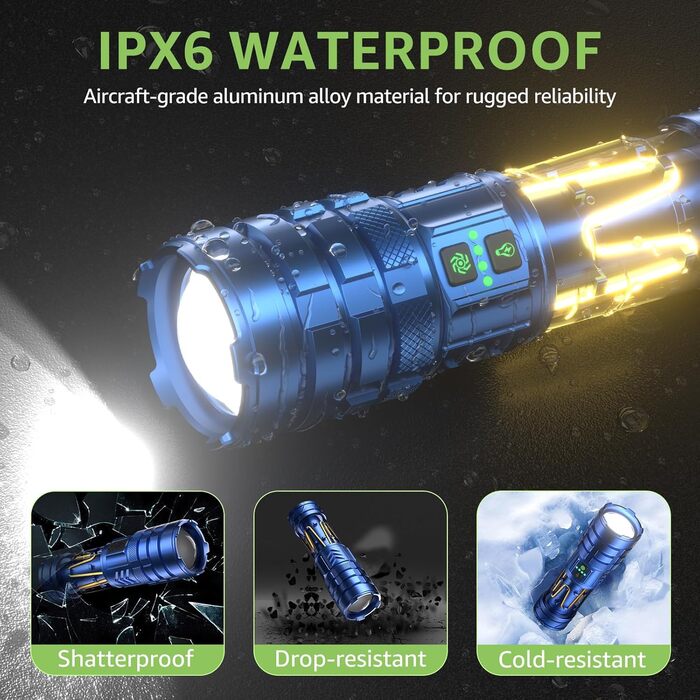 Потужний LED ліхтар 1000000 люмен: ліхтар з підзарядкою, збільшенням, 11 режимів, водонепроникний тактичний ліхтар для кемпінгу, відпочинку на природі, надзвичайних ситуацій (Морський колір)