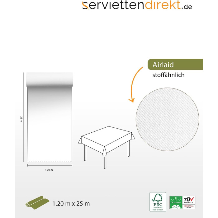 serviettendirekt.de EVERYTHING FOR THE LAID TABLE Airlaid Tablecloth Roll, 118 cm x 25 m 1 piece/roll Roll goods Tablecloth Table linen Meterware on a roll (White)