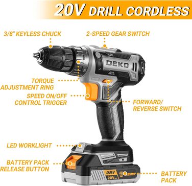Акумуляторний шуруповерт DEKOPRO 20V 40 Nm: комплект з 2 акумуляторами, LED, 18+1 момент, для дому та DIY, сірий