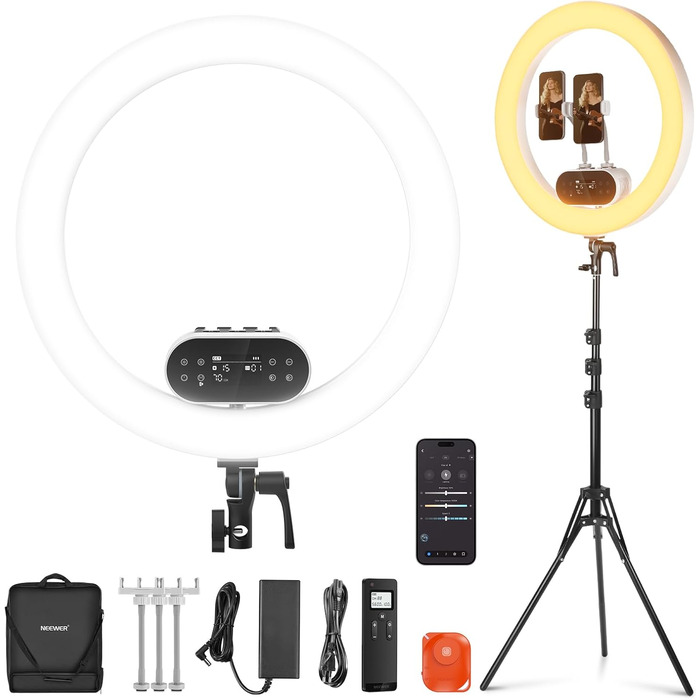 NEEWER Комплект кільцевого світла для фото та відео: 48 см, 52 Вт, регульоване LED, штатив, Bluetooth, для смартфона, YouTube, селфі (RH100B)