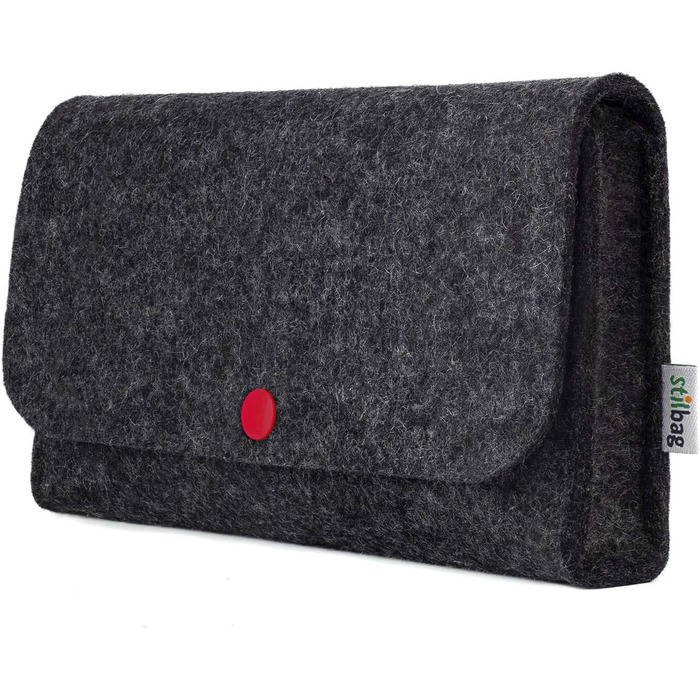 Wool felt bag for electronics accessories, anthracite color, red button