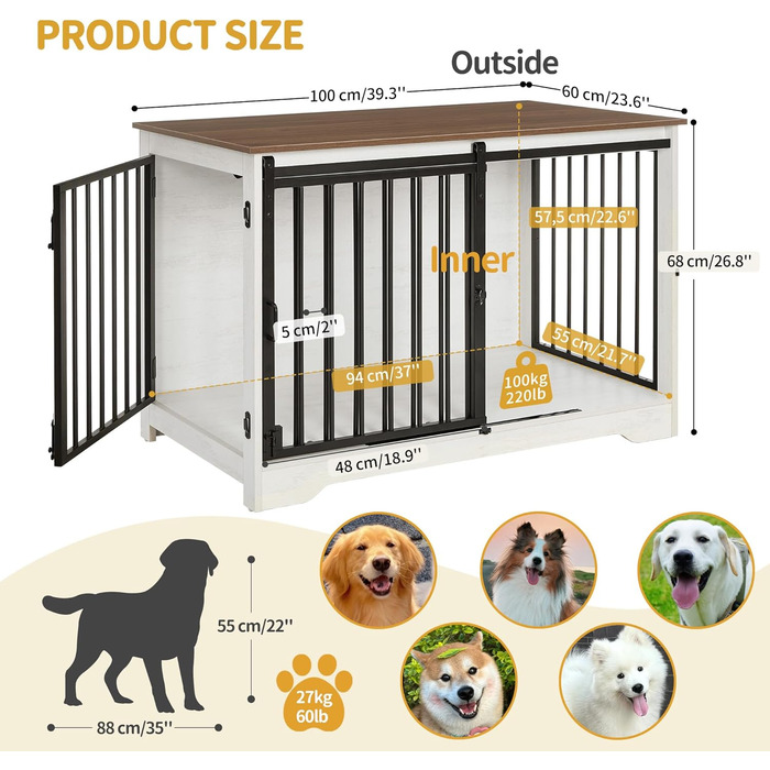 Клітка для собак Hzuaneri, 100 см, дерев'яна, з розсувними дверима, для дому, для маленьких/середніх/великих собак, 100 x 60 x 68 см, білий/коричневий колір