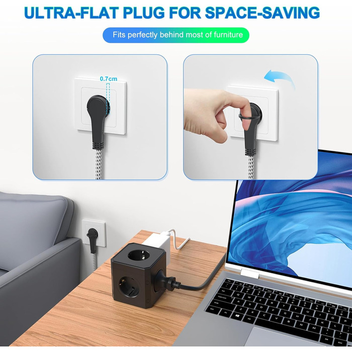 Блок розеток з USB-C, 4 розетки, плоский штекер, індивідуальне вмикання, багатофункціональна розетка-куб з 2м плетеним кабелем для офісу, дому, подорожей - Білий