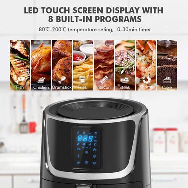 Фритюрниця VECATECH Heißluft XXL 5.5л з цифровим сенсорним екраном, 8 програмами та 1800W - безмасляна фритюрниця для здорового харчування