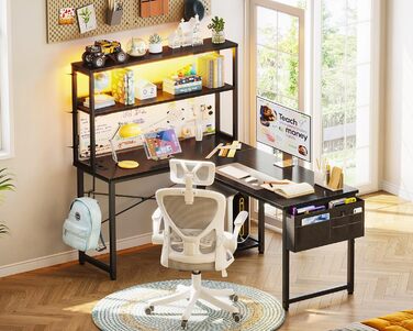 Ігровий стіл Coleshome L-подібної форми з LED підсвічуванням та розетками, 135 × 100 см. Реверсивний кутовий стіл з полицями та сумкою для зберігання, для дому та ігор (110×80 см, чорний)