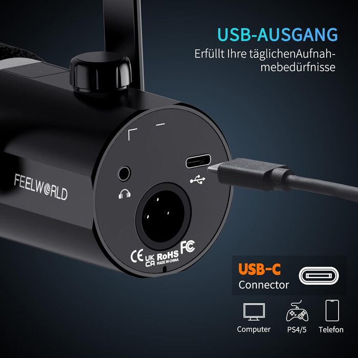 Мікрофон FEELWORLD PM1 XLR/USB з RGB-підсвічуванням для запису подкастів, геймінгу та YouTube. З підсвічуванням RGB, регулятором гучності та навушником.