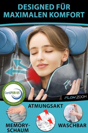 Подушка для шиї FlowZoom Comfy: регульована, з memory foam, для подорожей (літак, авто)