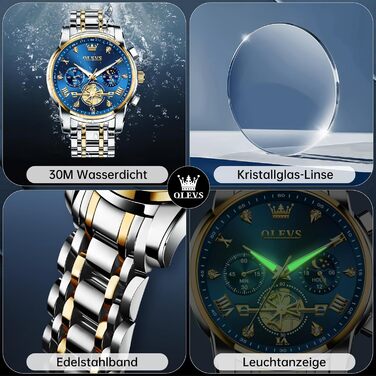 Чоловічий годинник-хронограф OLEVS: водонепроникний кварцовий годинник зі сталевим ремінцем (золото-срібло) та синім циферблатом, бізнес-стиль