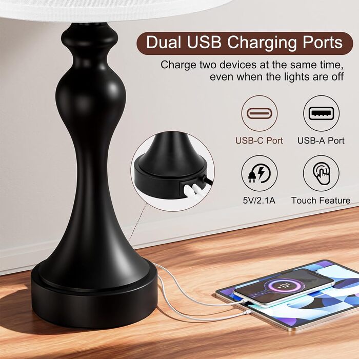 Настільна лампа Kakanuo з торшером, 2 шт., з USB-портами A+C, диммування, вінтажний дизайн, для спальні, вітальні, офісу, білий абажур, золотий цоколь