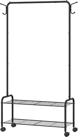 Clothes Rack with 2-Tier Shelf, 3-in-1 Design, Clothes Stand with 4 Wheels, Coat Rack with 4 Hooks for Bags, GR07499A (Black)