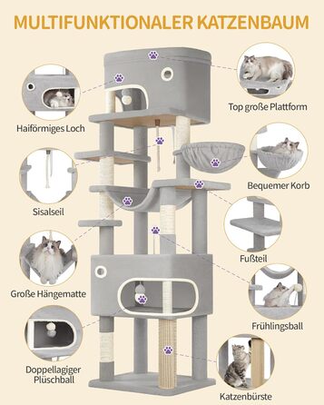 Когтеточка для котів Hzuaneri XXL (203 см) з великою платформою, 2 печери, 7 стовпчиків, помпонами, лежаками та гамаком. Підходить для всіх порід котів. MS20318YL (Світло-сірий)
