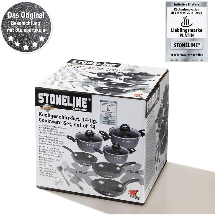 STONELINE Ceramic Cookware Set, 14-Piece, 18/20/24 cm Pots and Pans, PFAS-Free, Cookware Set with Lids, Ceramic Coating with Real Stone Particles, Grey, 14-Piece