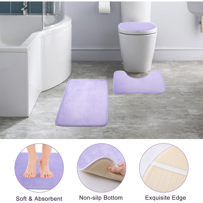 9-Piece Bathroom Accessories Set – Trash Can, Soap Dispenser Set, Soap Dish, Toilet Brush with Holder, Toothbrush Holder, Cup, Tray, Cotton Swab Holder, (Violet Bathroom Set + Shower Curtain + Rugs)