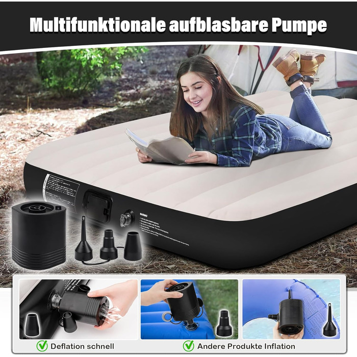 Надувне ліжко для двох осіб з автоматичним надуванням, 198x152x25 см, чорний колір. З вбудованим насосом, самонадувна повітряна матрац-ліжко