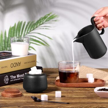 Набір для молока та цукру Ecooe: молочник і цукорниця з кришкою та металевою ложкою, кераміка, чорний колір