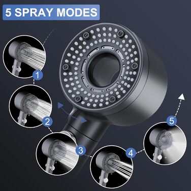 Насадка для душу з шлангом 2 м, фільтрована ручна лійка, високий тиск, економія води з мінеральними кульками, 5 режимів, стоп-функція для жорсткої води, залишків хлору, бактерій та важких металів, сірого кольору з шлангом