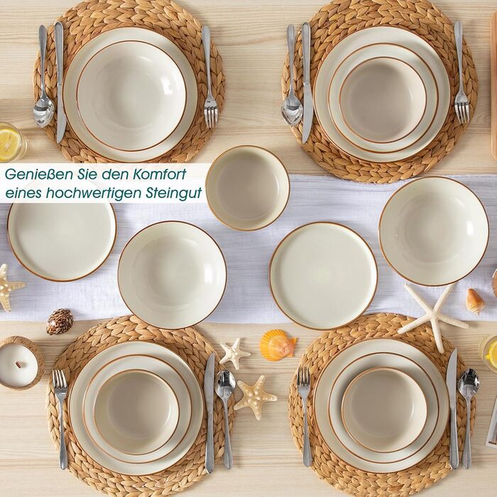 Набір посуду на 6 осіб Vancasso RENO 24 шт. з каменю, сучасний сервіз: тарілки для їжі, супу, десерту, миски. Підходить для миття в посудомийній машині та для використання в мікрохвильовій печі (Бежевий)