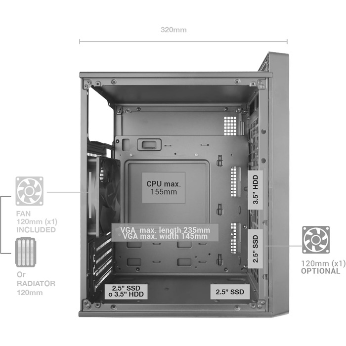 Корпус ПК Tacens SAGITTA20 з LED-дисплеєм, 3 вентилятори 120мм, скло, сітка, USB-C, чорний (2FORTISII)