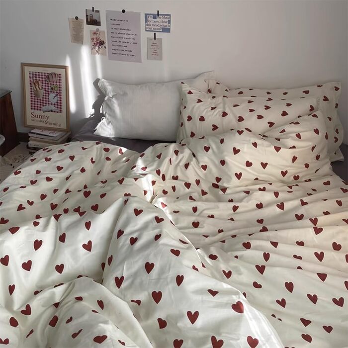 Ashanlan Bedding Set 220x240 Cotton Hearts Red White Duvet Cover Aesthetic Heart Pattern Bedding Set and 2 Pillowcases 80x80 cm Double Bed with Zipper Red Hearts 220x240cm+2x80x80cm