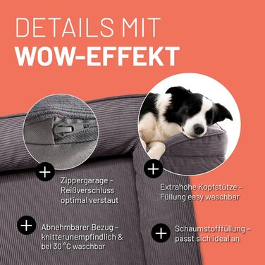 Ортопедичне ліжко для собак Lumaland з корду | Ергономічне собаче ліжко-софа 70x60 см - для маленьких собак | Нековзне дно | Зручна наповнювач та знімний чохол | Собаче ліжечко з Memory Foam Cord - Оливковий (Cord - Сірий, 90 x 65 см - M)