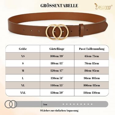 Жіночий шкіряний ремінь JasGood з подвійною кільцевою пряжкою для джинсів, штанів, суконь (колір: 5-кава, розмір M: 120 см, обхват талії 86-95 см)