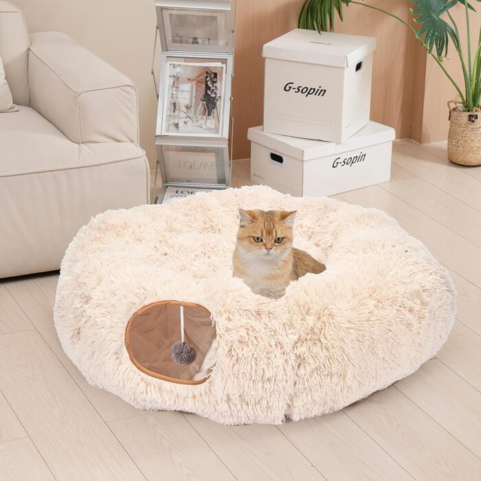 Cat Tunnel with Central Cushion, Soft Cat Toy Round Multi-Function Cat Bed - (Beige)